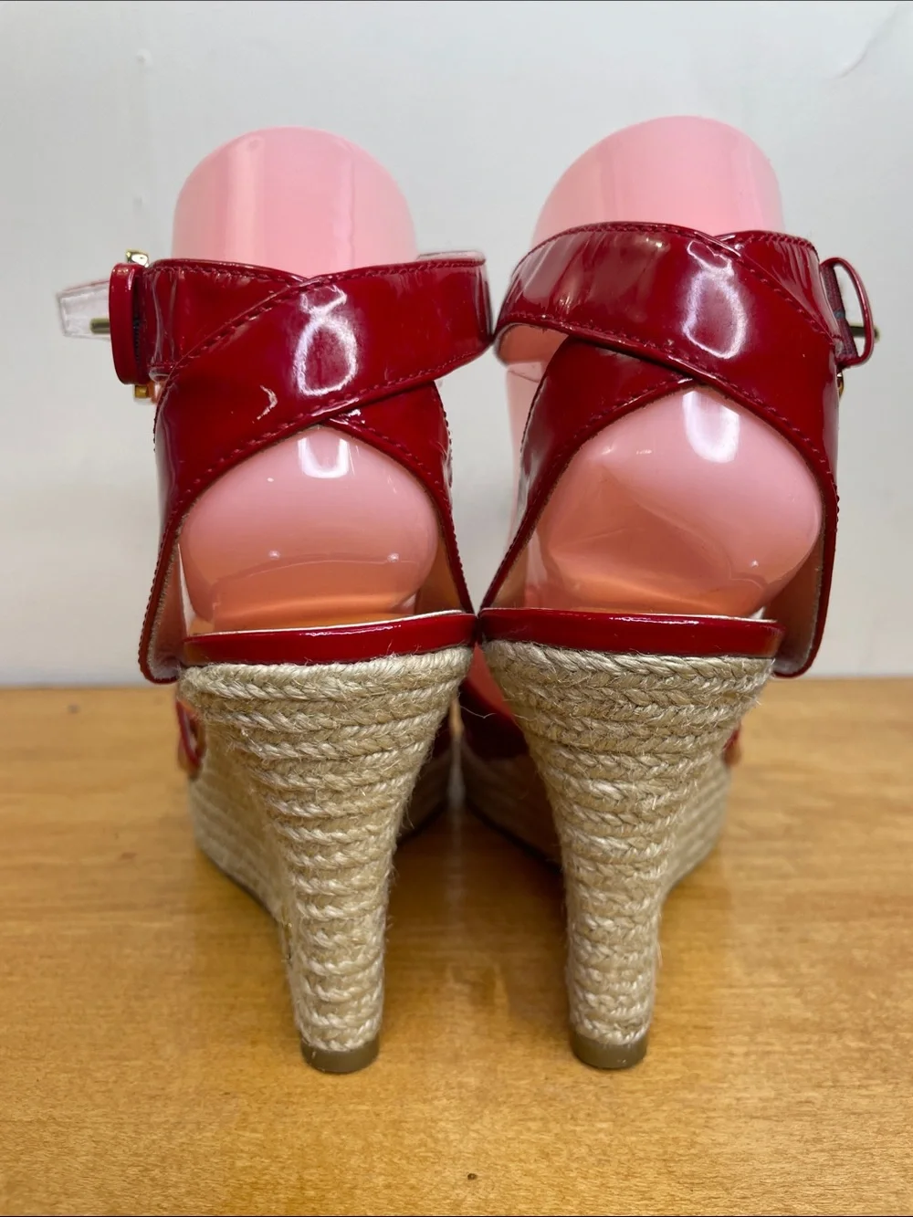Michael Kors Red Patent Espadrille Wedge Sandals with Gold Buckle. Size 6.5
